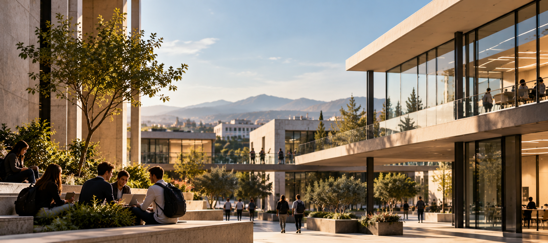 Campus educativo moderno con estudiantes