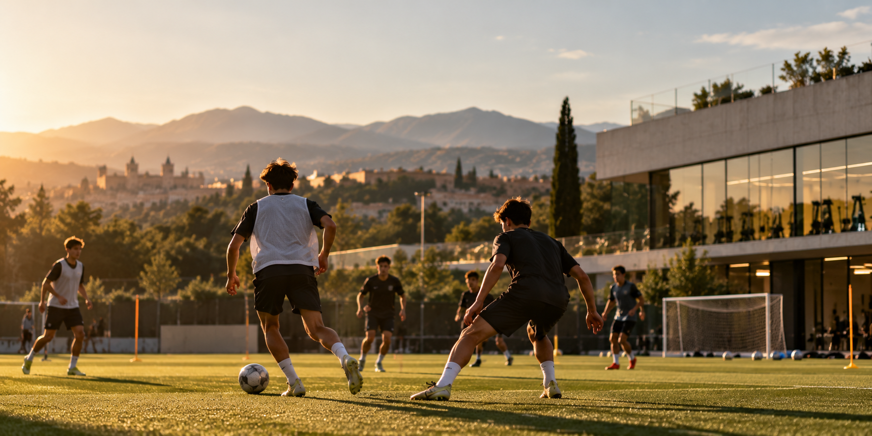 Jóvenes entrenando fútbol al atardecer
