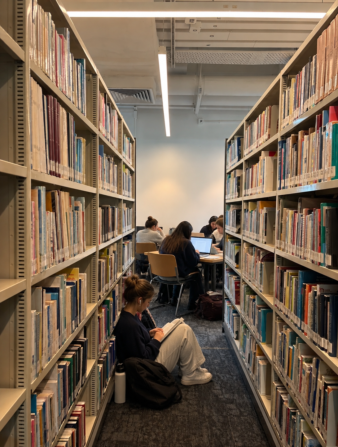 Estudiantes leyendo y trabajando en una biblioteca