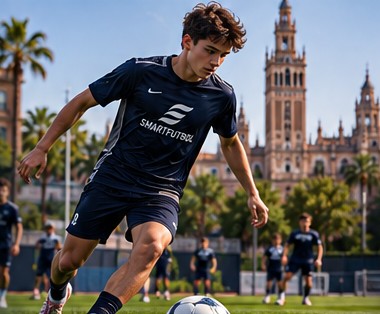 Joven jugador de Smartfutbol con el balón frente a la catedral de Sevilla